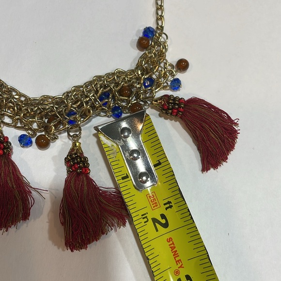 World Market tassels, beads necklace multi-color rust, blues, reds, gold metal - Picture 5 of 9